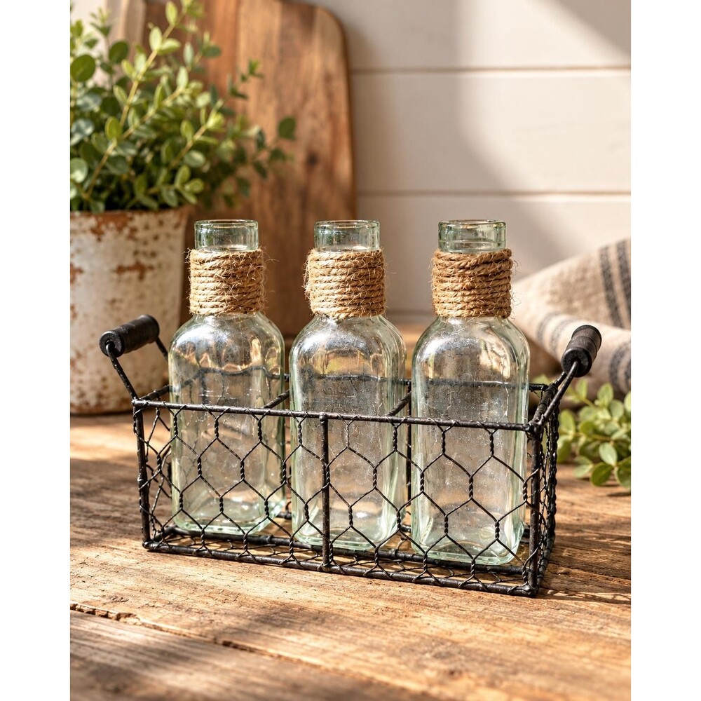 Rustic Farmhouse Wire Basket with 3 Glass Bottles - Vintage Style Bud Vases